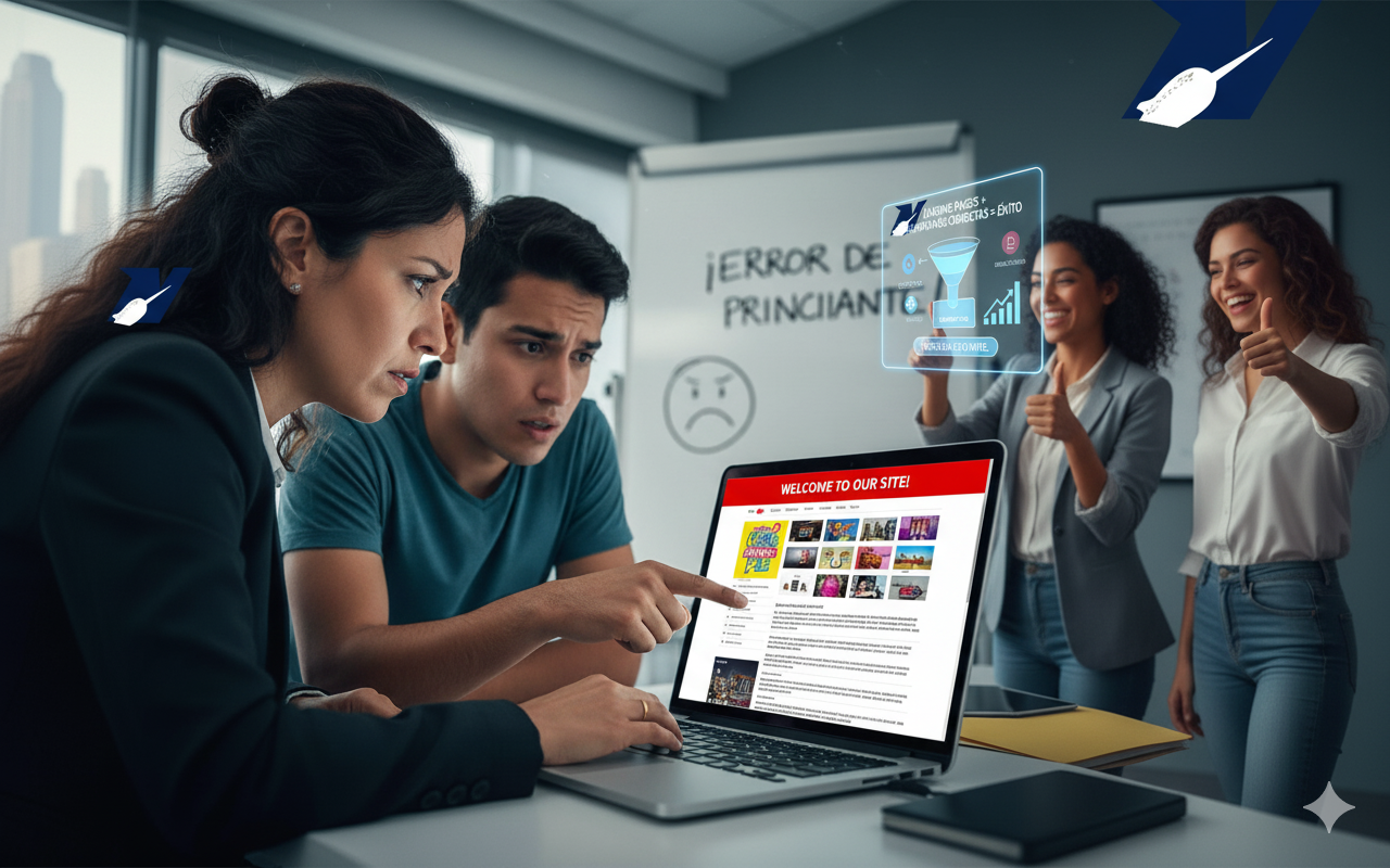 Dos profesionales latinos, un hombre y una mujer, miran con preocupación una laptop que muestra una página web desordenada, mientras un equipo a la derecha muestra una solución exitosa en una pantalla holográfica.