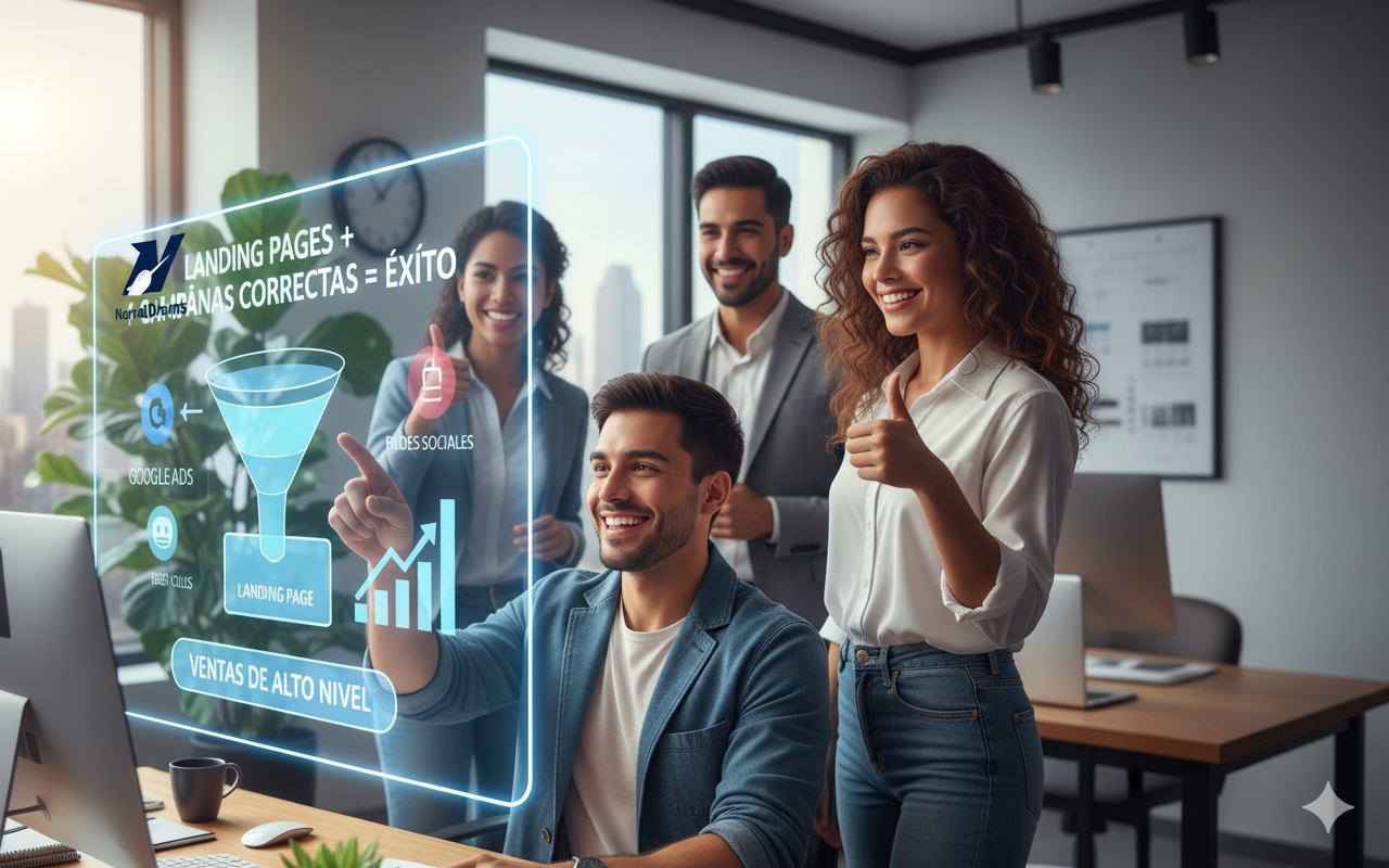 Un hombre sentado al frente señala una interfaz holográfica que ilustra un embudo de conversión, con "Google Ads" y "Redes Sociales" alimentando una "Landing Page" que culmina en "Ventas de Alto Nivel"